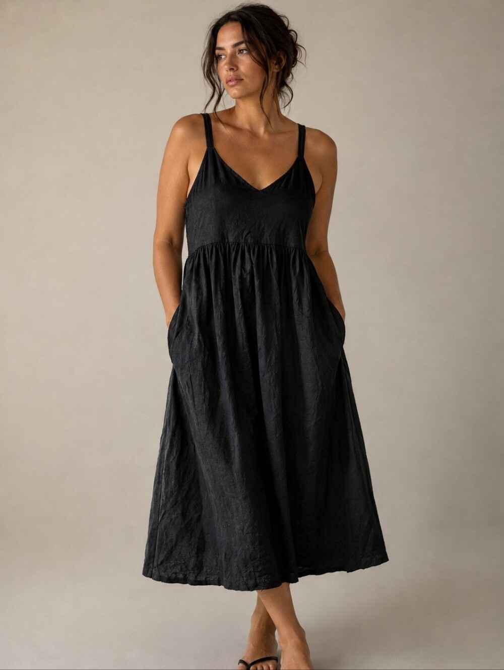 Bellambia Cotton Sleeveless Dress Size L Black Midi Loose Flowy Fit EUC - Picture 1 of 5